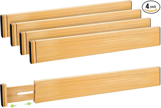 Fyvva Drawer Divider, Adjustable Bamboo Kitchen Drawer Organizer, Spring Loaded Drawer Organizer, Dresser Separators for Kitc