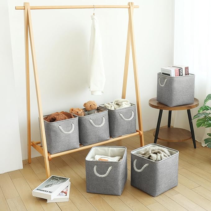 FinishingBo Large 11x11 Inch Cube Storage Bins with Cotton Handles for Closet, Shelves, Clothes, Towel (Gray-6 Pack)