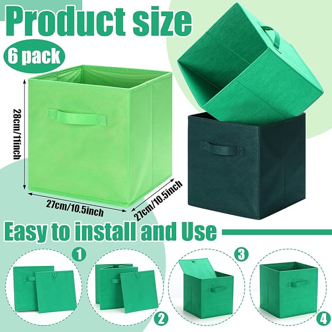 Karenhi 11" x 10. 5" x 10. 5" Green Storage Cube, 6 Pack Fabric Cube Storage Bins Organizer Box, Collapsible Baskets with Han