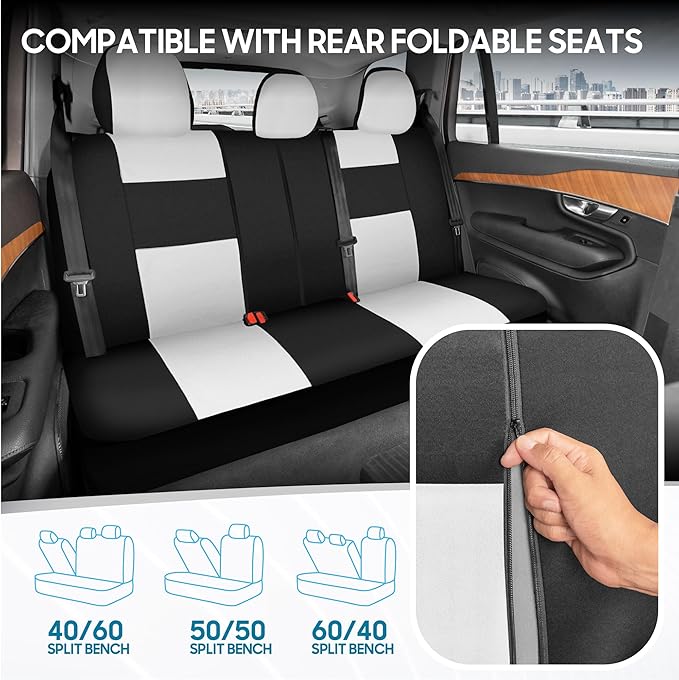 BDK PolyPro Car Seat Covers Full Set in White on Black, Front and Rear Split Bench Seat Covers for Cars, Easy to Install Car 