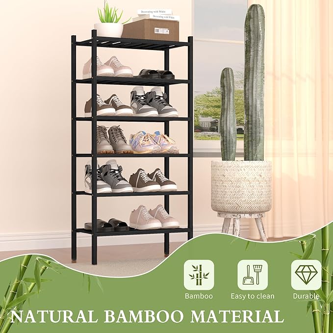 ROMGUAR CRAFT 6-Tier Bamboo Small Shoe Rack, Free Standing Wood Shoe Shelf Storage Organizer for Closet Entryway Stackable (B