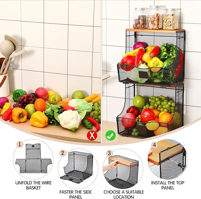 Honeydak 2 Pack Stackable Fruit Basket with Lid and Label Plate, Wall Mounted or Kitchen Countertop Metal Wire Storage for On