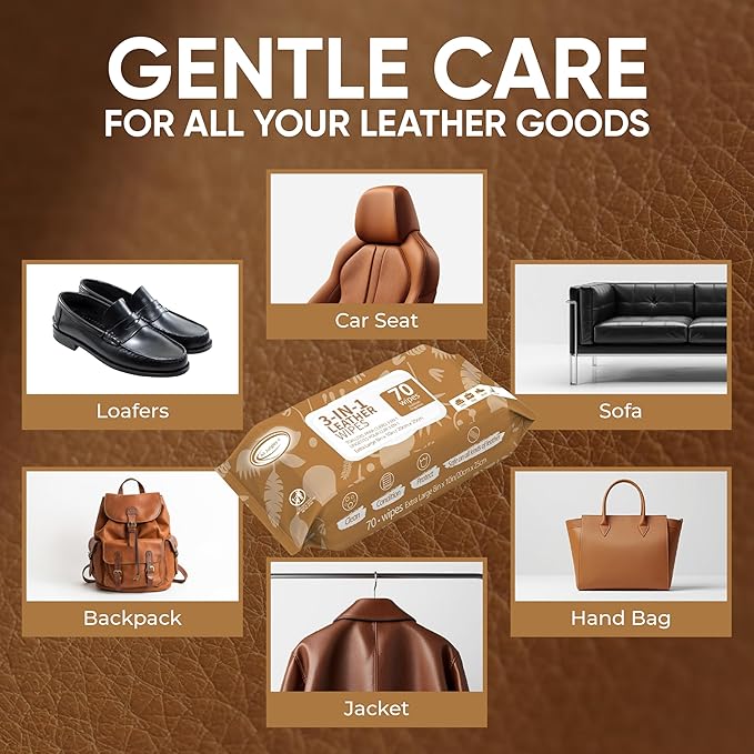 Air Jungles 3in1 Leather Cleaner Wipes 70 Count, Extra Large 8" x 10" Size, Clean Condition Protect Wipes for Vinyl and Leath