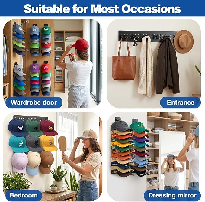 2 Pack Hat Hook Organizer for Baseball Caps, Hat Hanger Holder for 20 Caps, Wall Hat Rack with Strong Adhesive, Multilayer Ca
