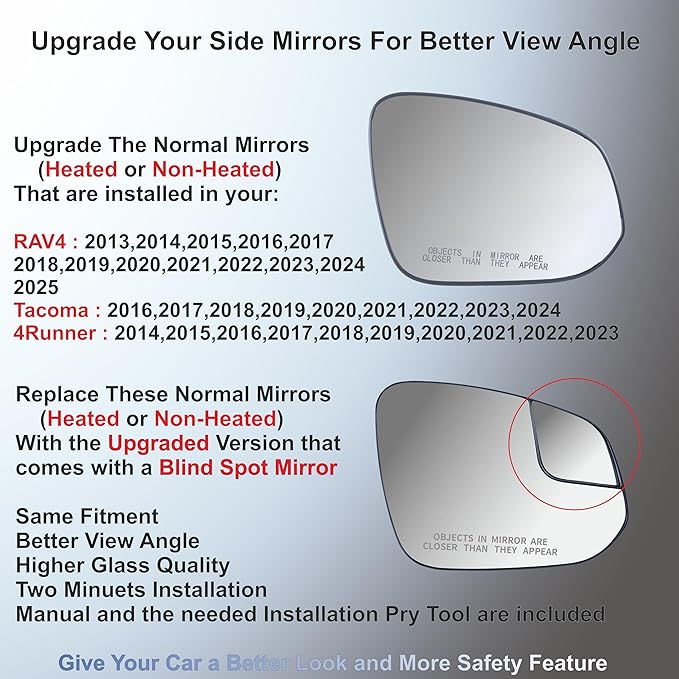 EAP Pair of Passenger & Driver Side Mirror Glasses Compatible with Toyota RAV4 2013-2025, 4runner 2014-2024, Tacoma 2016-2025, Heated with Spotter 879310R200 8793142D40 8793142D50 879310R210 TO1325174