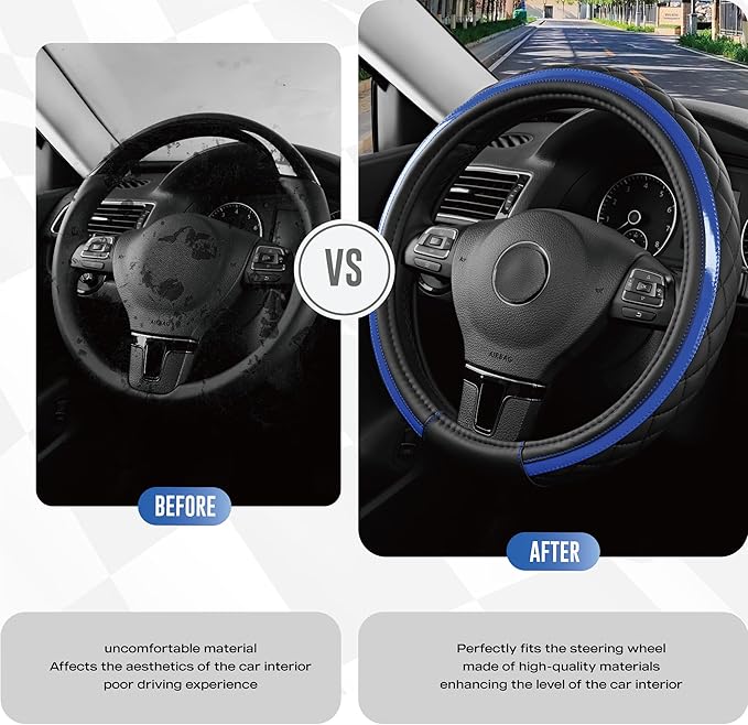 Road Comforts Leather Steering Wheel Cover – Black & Blue, Universal Fit 14.5-15 Inch, Microfiber Leather, Anti-Slip & Breath