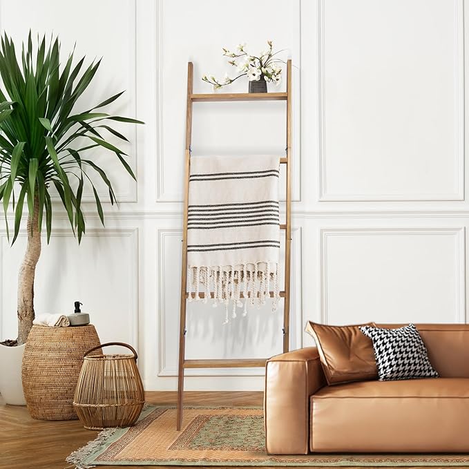 Blanket Ladder, 5-Tier Wooden Quilt Stand, Decorative Ladder Shelf, Leaning Shelf, Wall Leaning Blanket Ladder Towel Storage 
