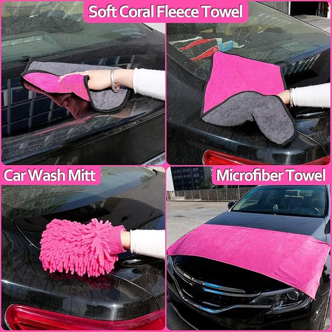 THINKWORK Pink Car Detailing Cleaning Kit, Car Wash Kit, Car Accessories for Women Suitable for Small and Medium Vehicles Suc