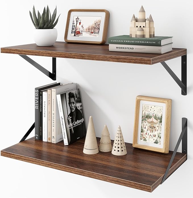 Deep Floating Shelves Wall Mounted, 24"x12" Walnut Wall Shelves with Brackets Set of 2 for Bedroom, Living Room, Bathroom, Ki