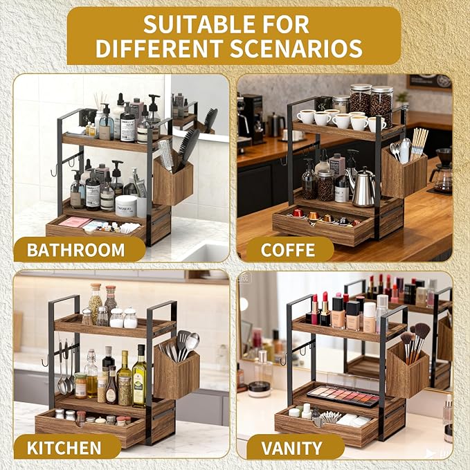 2-Tired Bathroom Counter Organizers and Storage, Bathroom Countertop Organizer with Drawer, Solid Wood Skincare Perfume Organ