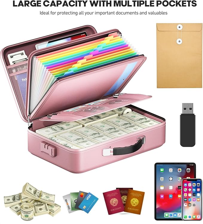 Fireproof Document Box, Hard Case Highly Flame-Resistant Fire Proof Waterproof File Organizer with Lock, Portable Fire Safe f