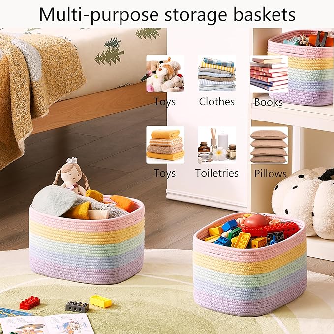 Rainbow Rope Basket for Storage 4 Pack Baskets for Shelves Woven Toy Storage Bins for Nursery Kids in Classroom 12.7"Lx9"Wx7.