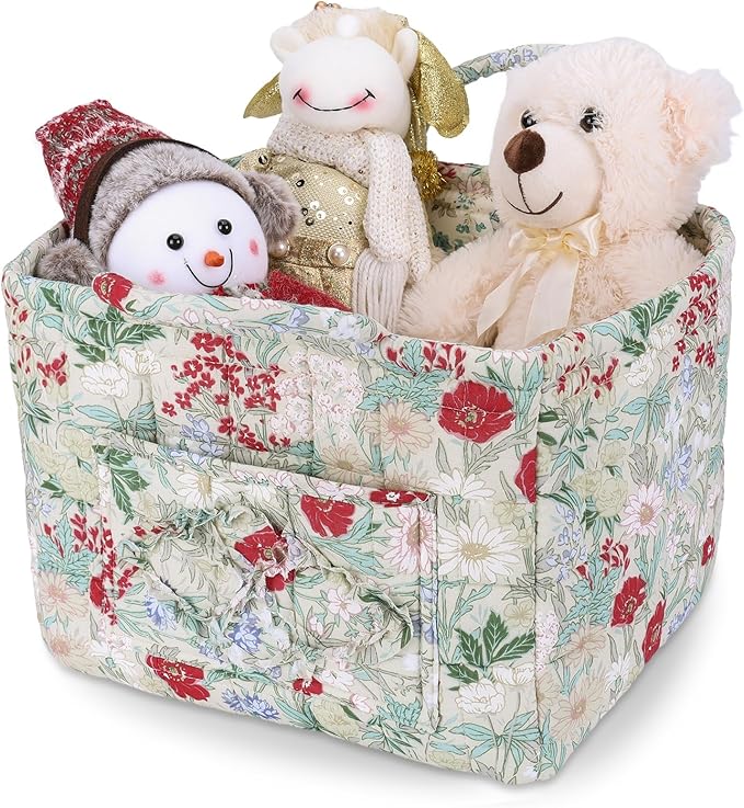 Storage Basket Boho Fabric Large Collapsible Floral Laundry Nursery Hamper Portable Folding Storage for Clothes Toys (Light G