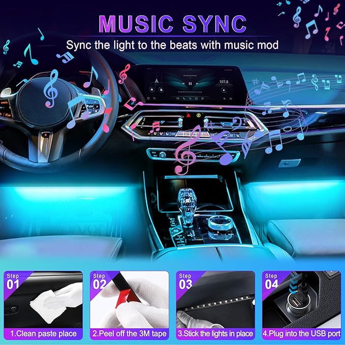 LivTee Interior Car LED Lights, Smart RGB Ambient Lighting with App & Remote Control, Music Sync & DIY Modes, 4-Line Separate Design LED Strip Lights, USB Powered, Car Accessories for Women