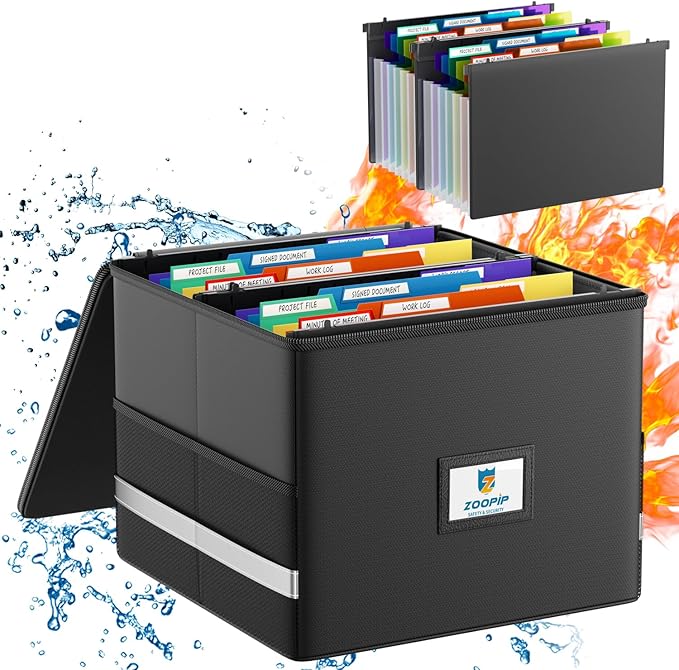 Fireproof File Box with Hanging File Folders,Accordion Pockets,Hanging File Organizer for Letter Size(Folders+Box-13.8"*12.2'