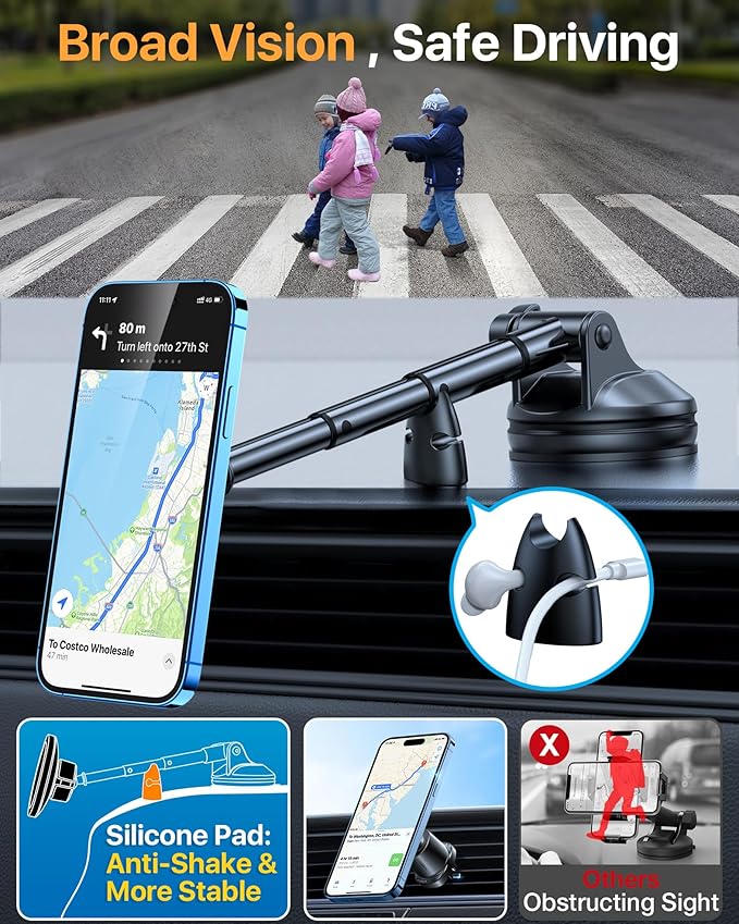 HTU 2026 Upgraded for Magsafe Car Mount [80LBS Strongest Suction & Military-Grade] Powerful Magnetic Cell Phone Holder for Car Dashboard Windshield for iPhone 17 16 15 14 Pro Max Mini (Dark Grey)