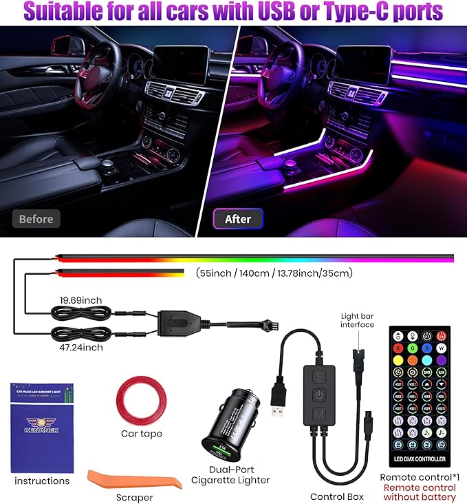 KENANEK 55.12’’ Acrylic Car Ambient Lighting Kit – 2 RGB LED Light Strips, APP/Remote/Control Box, Music Sync, Dual USB Cigarette Lighter, Universal Fit for Car/SUV/Truck