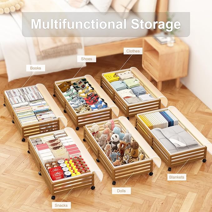 Under Bed Storage Containers With Wheels - 2 Pcs Large Bamboo Wood Rolling Underbed Shoe Storage Bins With Dust Bags for Clot
