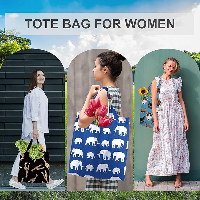 BeeGreen Shopping Bags Cloth Grocery Bags Foldable Travel Bag Tote Bags Bulk - Reusable Gift Bags with Handles (6 Pack) - Heavy Duty Large Washable Animal Holiday Design for Women Travel & Groceries
