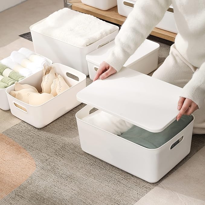 Yishyfier Plastic Storage Baskets Bins Boxes With Lids,Organizing Container White Storage Organizer Bins For Shelves Drawers 