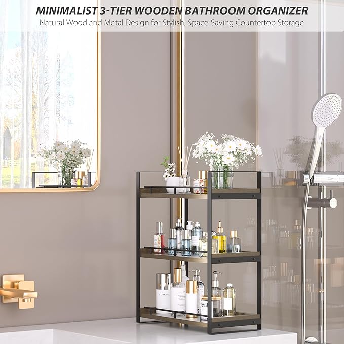 Bathroom Counter Organizer, 3 Tier Wood Countertop Shelf for Vanity, Skincare, Makeup, Kitchen Coffee and Sink Storage, with 