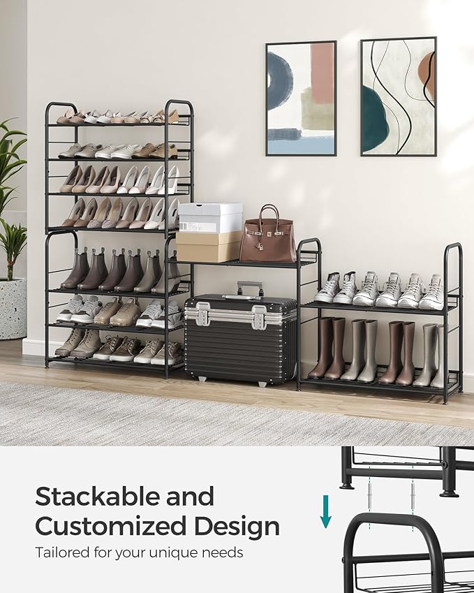 SONGMICS Stackable Shoe Rack, 4 Tier Metal Shoes Rack Storage Shelf, Holds up to 16 Pairs Shoes, Adjustable Slanted Shelves S