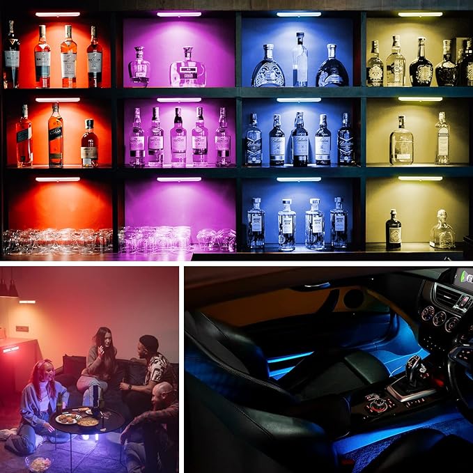 Diomart 48 LED Under Cabinet Lighting Wireless, 15 Colors Changeable Rechargeable RGB Under Cabinet Lights Remote Control Under Counter Lights Mini Night Light Bar for Indoor Display Shelf, 4 Pack