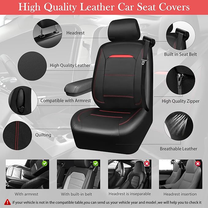 CAR PASS Leather Car Seat Cover Full Set with Steering Wheel Cover and 2PCS Seat Belt Shoulder Pads,for Trucks and SUV with Built-in Seatbelts and Front Seat Side Armrests(Combo Set, Black and Red)