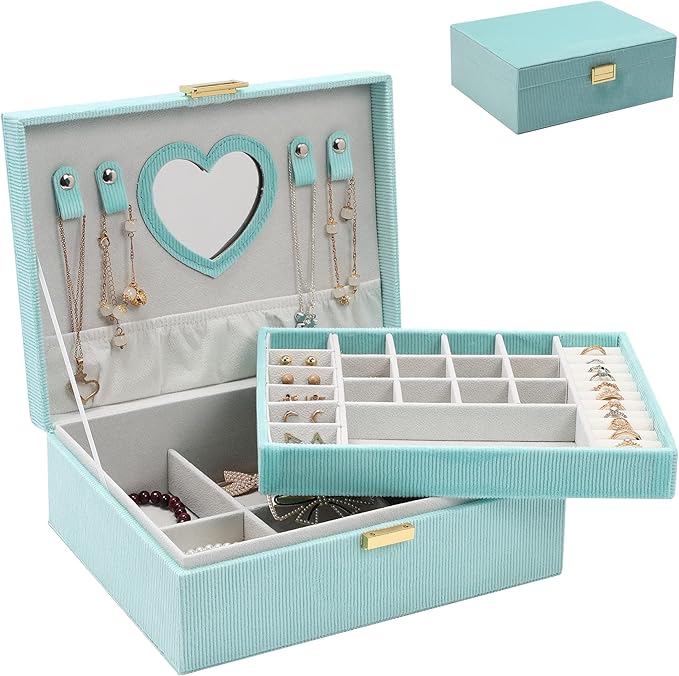 Dajasan Jewelry Boxes for Women Girls, Jewelry Organizer Box, 2-Layer Large Velvet Jewelry Box for Rings Necklaces Bracelets 