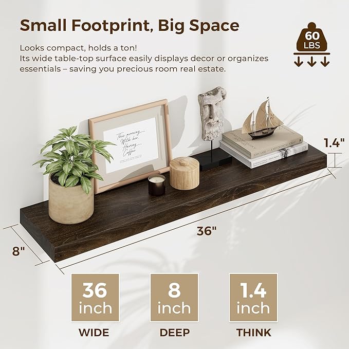 Wood Floating Shelves 36 Inch Long, Rustic Solid Elm Wood Shelves for Home Decor, 8 Inch Deep Wall Shelf with Invisible Brack