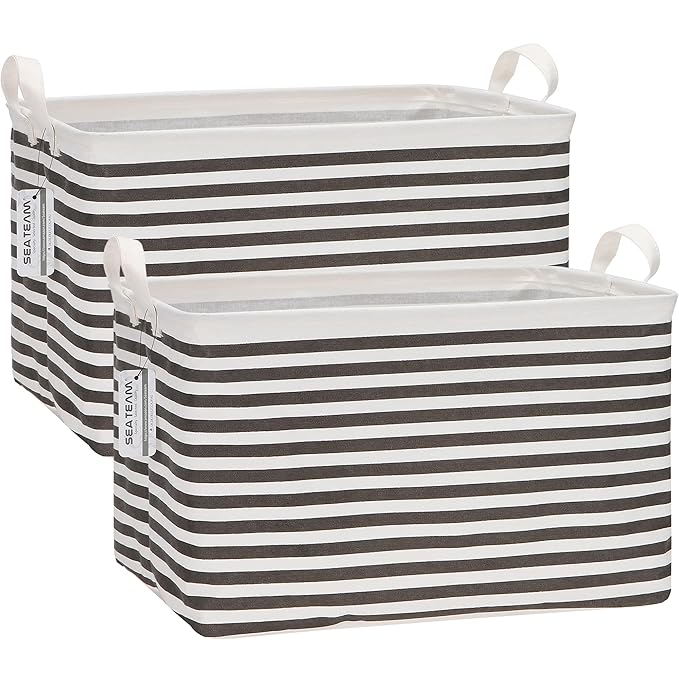 Sea Team 2-Pack Collapsible Canvas Fabric Storage Basket with Handles, Rectangle Waterproof Storage Bin, Box, Cube, Foldable 