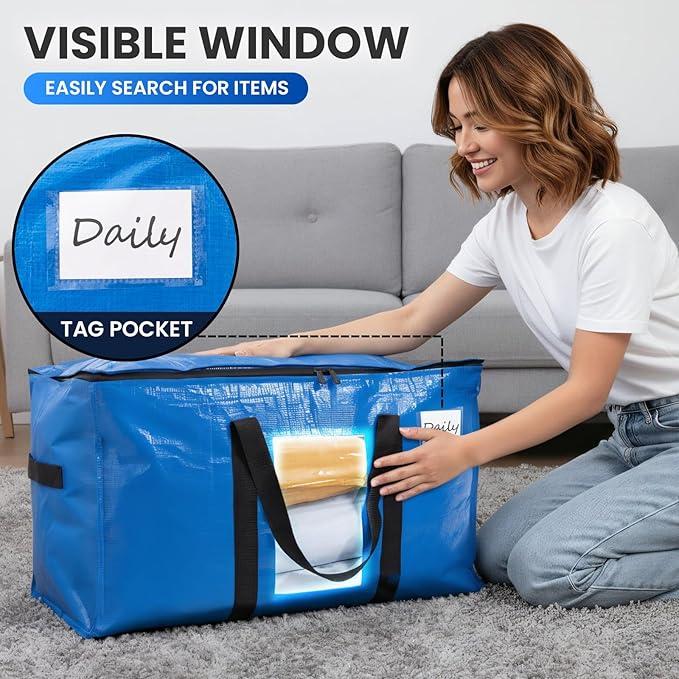 TAILI Extra Large Moving Bags, 8 Pack Blue Heavy Duty Totes For Storage with Visible Window, Wrap Around Handles, Storage Bag