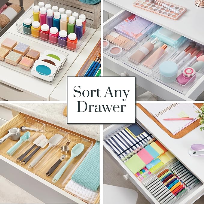 STORi SimpleSort 3-Piece Stackable Clear Drawer Organizer Set | 12" x 6" x 2" Rectangle Trays | Wide Makeup Vanity Storage Bi