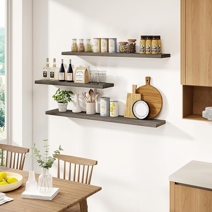 Vivelove Elm Floating Shelves for Wall Solid Wood, 24 Inches Long Rustic Wall Shelf with Invisible Bracket for Living Room Be