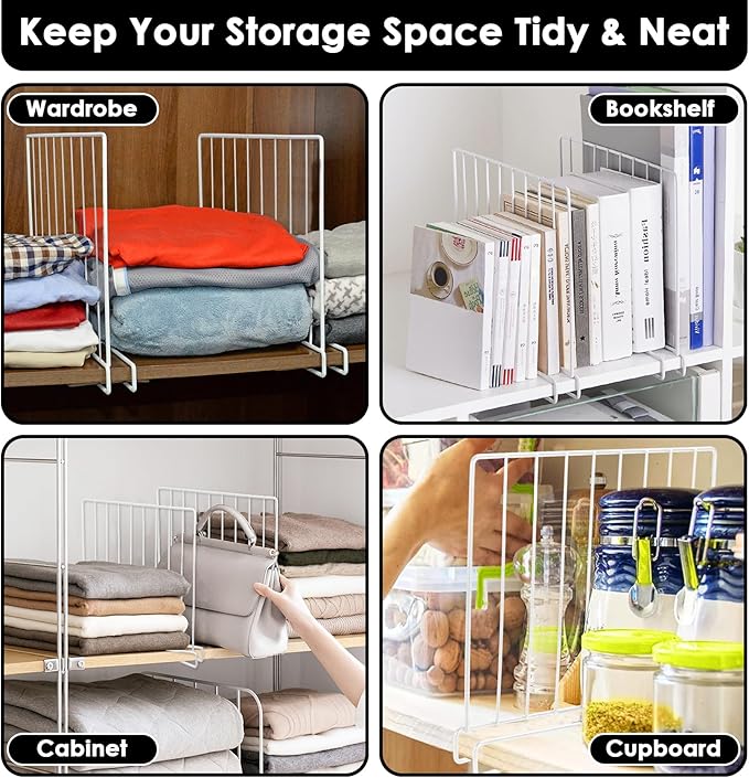 Shelf Dividers, 8 Pack Closet Organizers and Storage, Metal Closet Dividers Shelf Organizer for Wood Shelves, Linen Closet Or