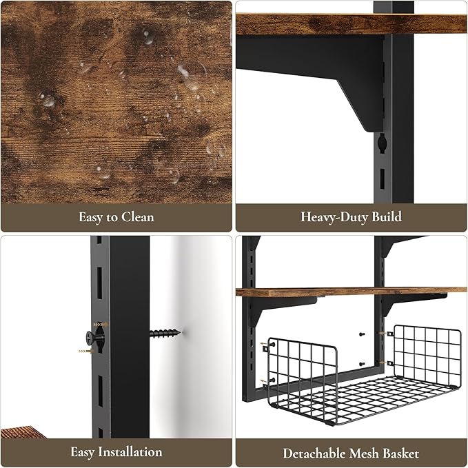 3 Tier Floating Shelf with Storage Baskets, Wall Mounted Bathroom Shelves Over Toilet, Wood Wall Shelves for Kitchen, Bedroom