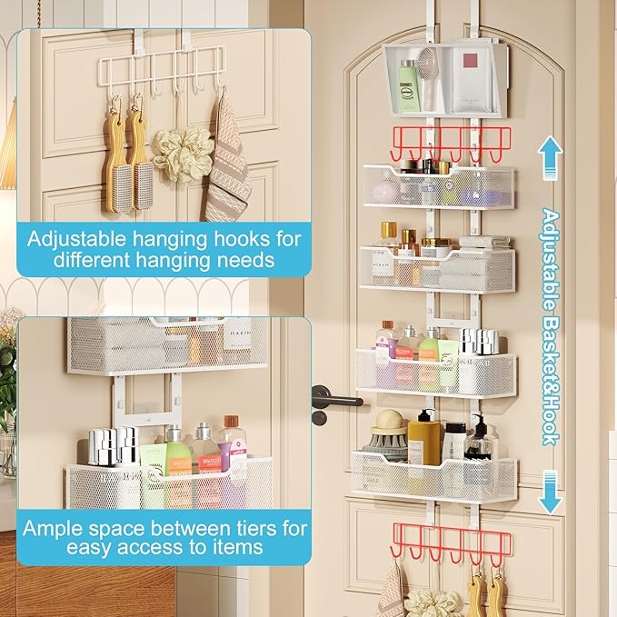 Hongtamoya Adjustable Over The Door Organizer, Hanging Door Storage with PVC Pocket and 4 Metal Baskets Wall Mount, Closet Do