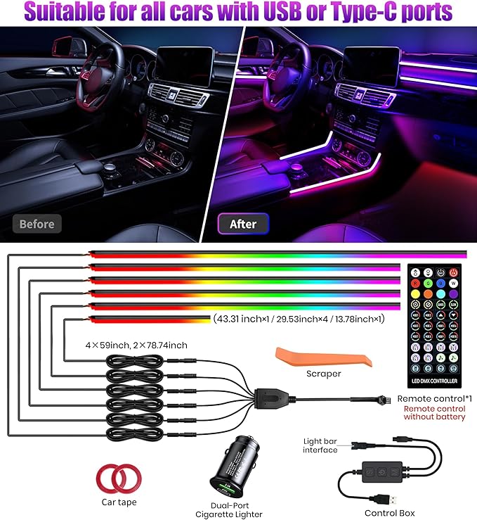 KENANEK 175inch Acrylic LED Lights for Car Kit – 6 Dreamcolor Interior Car LED Strip Lights, APP/Remote/Control Box, Music Sync, Dual USB Cigarette Lighter, Universal Fit for Car/SUV/Truck