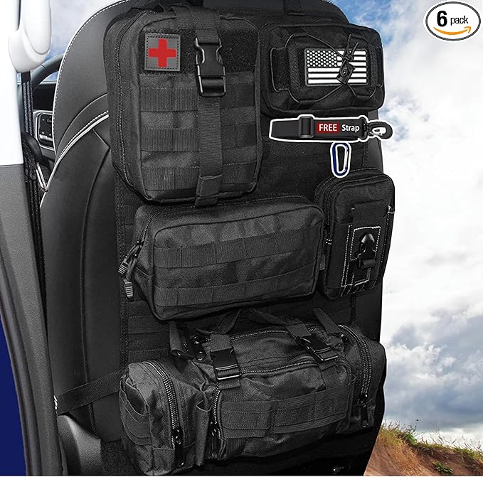 6 Pack Tactical Molle Automotive Seat Back Organizer Tactical Vehicle Panel Organizer with 5 Detachable Molle Pouch for Car Truck Ford Jeep Vehicle,US Flag Patch For Man (5 Pouches)