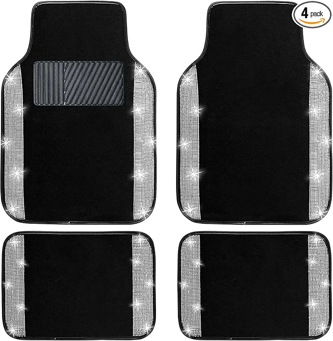 NBTEPEM Bling Car Floor Mats Full Set, Universal Fit Most Cars,SUV, Trucks, 4 pcs Sparkle Glitter Diamond Carpet for Women Girls with Anti-Slip Pad (Silver Diamond)