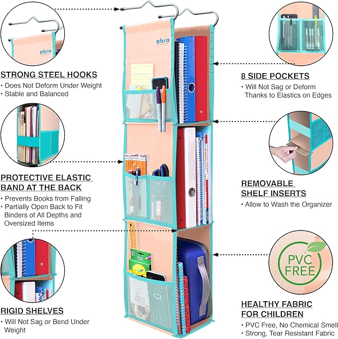 ABRA® 3 Shelf Hanging Locker Organizer for School, Gym, Work, Storage | Deep Shelves 6”x 9”| Eco-Friendly Fabric Healthy for 