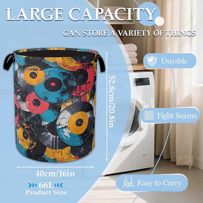 Music Graffiti Laundry Hamper Disc Collapsible Laundry Basket Clothes Toy Storage Bin for Bathroom Bedroom Room Decor 16 X 20