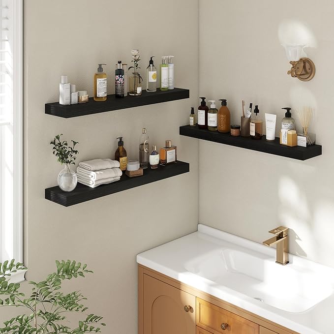 32 Inch Floating Shelves | 6.5 Inch Deep Black Floating Shelves Set of 2 | 32" W x 6.5" D Rustic Black Wood Wall Shelves with
