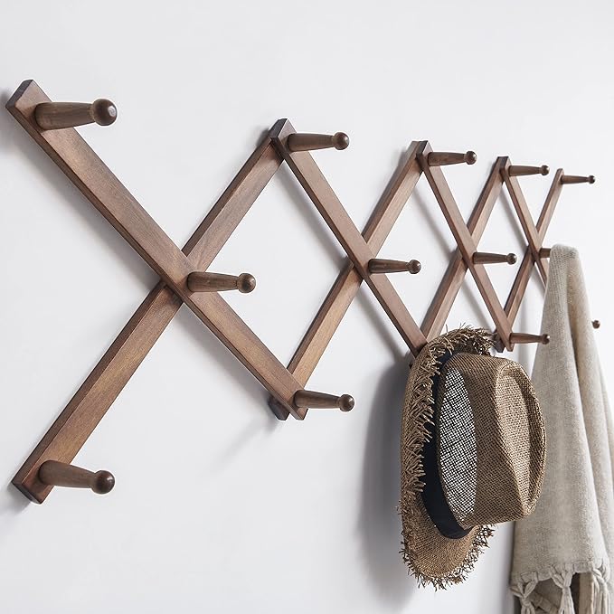 SKOLOO Hat Rack for Wall with 14 Hooks, Pack of 2, Solid Wooden, Modern, Expandable Coat Rack Wall Mount for Coats, Hats, Bag