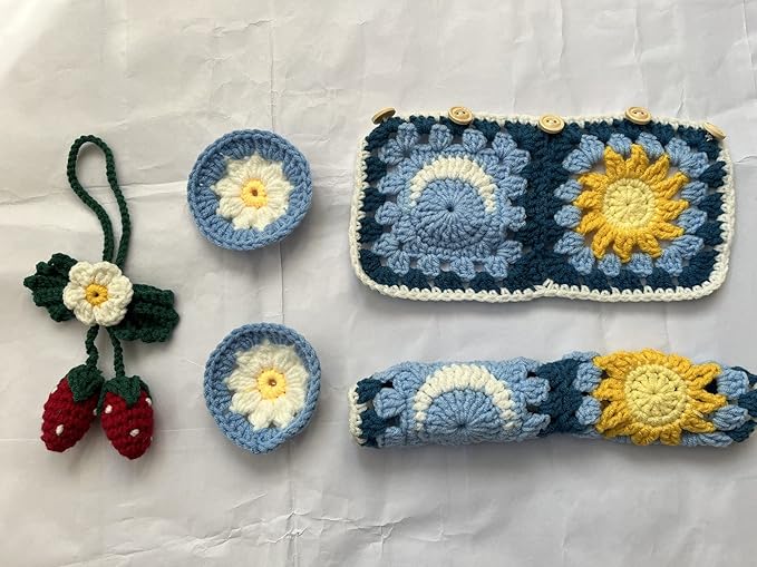 Handmade Crochet Sun and Moon Car Steering Wheel Covers Universal 14-15 inch for Women and Men (Wheel Covers+2belt Covers+2Car Coasters+Strawberry)