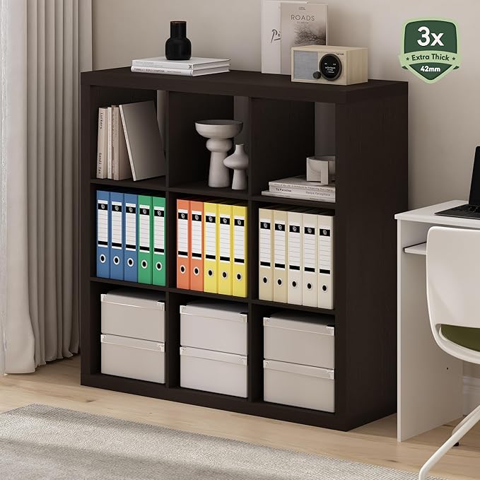 Furinno Cubicle Book Shelf, 9-Cube Bookshelf, Triple Thick Frame Cube Storage Organizer, 1.65" Thick Bookcase, 15.4" x 43.8" 