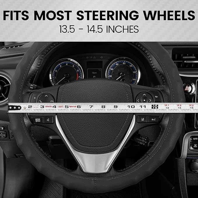 BDK Genuine Black Leather Steering Wheel Cover for Car, Small (13.5" - 14.5") – Ergonomic Comfort Grip for Men & Women, Car S