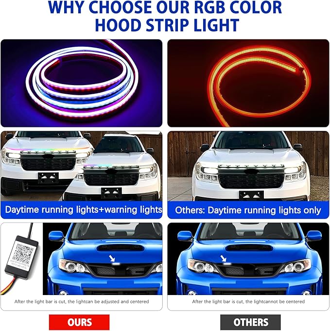 JMTBNO Car LED Hood Light Strip 59" RGB Exterior LED Strip Flexible 12V Multicolor Universal Engine Hood Cover Daytime Running Light Strip Waterproof Remote & APP for Car SUV Truck