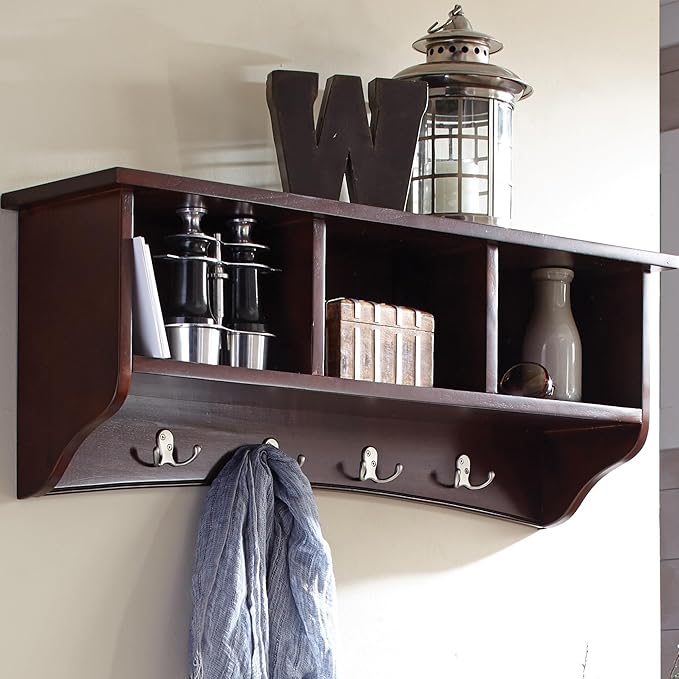 Shaker Cottage Wall-Mounted Coat Rack with 3 Storage Cubbies and 4 Hooks – Space-Saving Storage Rack and Wall Shelf Organizer