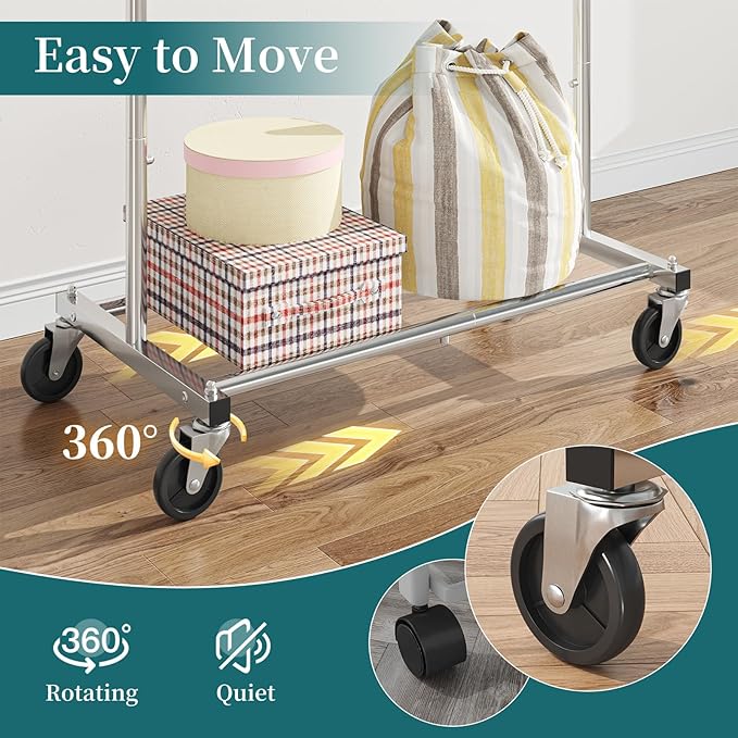 Simple Trending Standard Rod Clothing Garment Rack, Rolling Clothes Organizer on Wheels for Hanging Clothes, Chrome